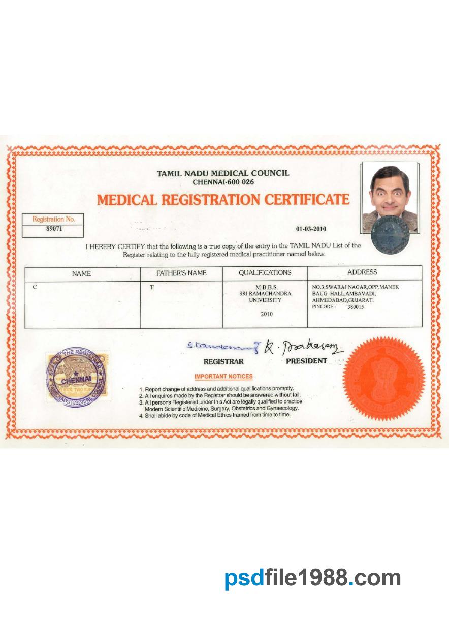 India Tamil Nadu Registration Certificate